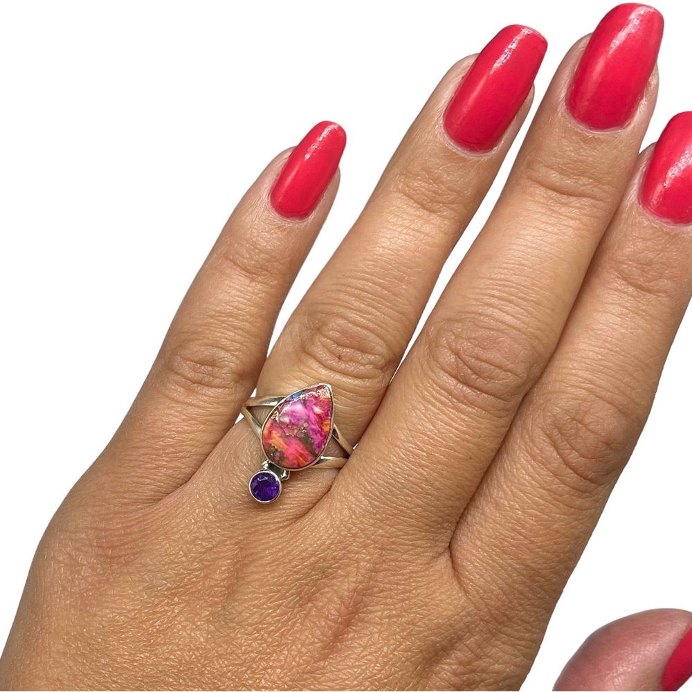Sterling Silver Pink Teardrop Opal & Purple Gemstone Ring